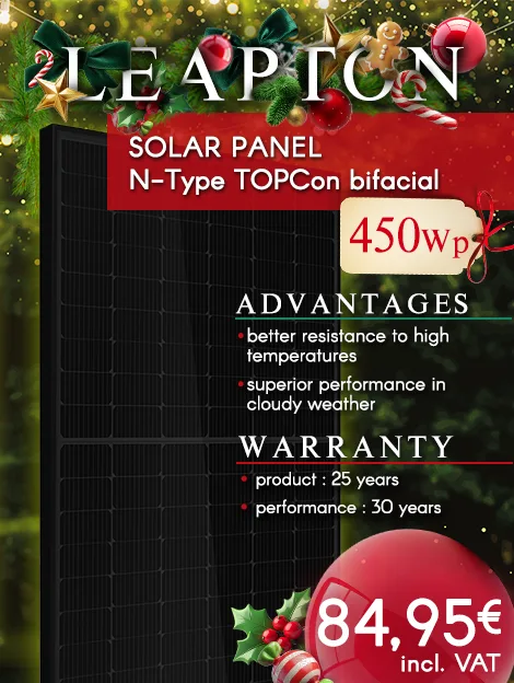 450Wp bifacial N-Type TOPCon solar panel. Open circuit voltage: 39.68 V, maximum power: 32.87 V. Product warranty: 25 years, performance warranty: 30 years. Price: €84.95 including VAT.